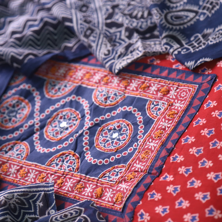 Noorani Apple Red Ajrak Printed with Mirror Detailing Cotton Suit Set