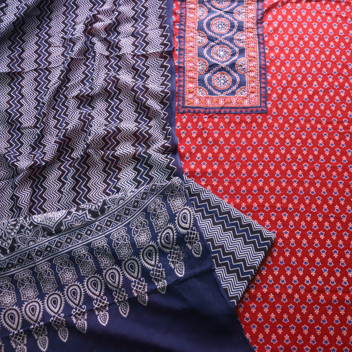 Noorani Apple Red Ajrak Printed with Mirror Detailing Cotton Suit Set
