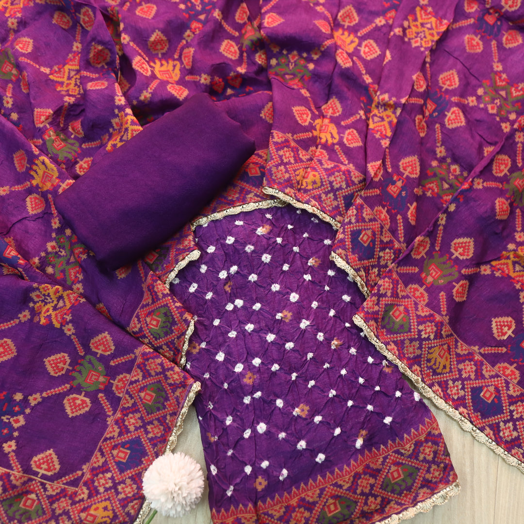 Naari Russian Purple Thread Weaved with All Over Bandhej Work Crepe Silk Suit