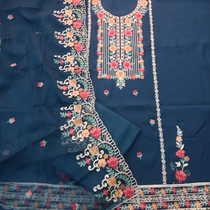 Adaakari Navy Blue with Kashida Thread Neck Work Modal Suit Set