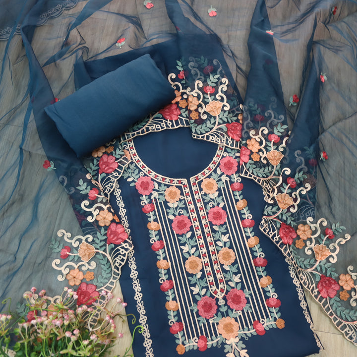 Adaakari Navy Blue with Kashida Thread Neck Work Modal Suit Set