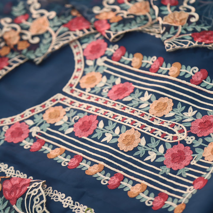 Adaakari Navy Blue with Kashida Thread Neck Work Modal Suit Set