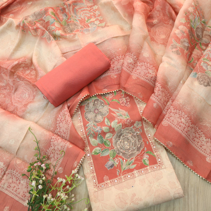 Ishaani Beige With Coral All Over Floral Printed with Zari Modal Suit Set
