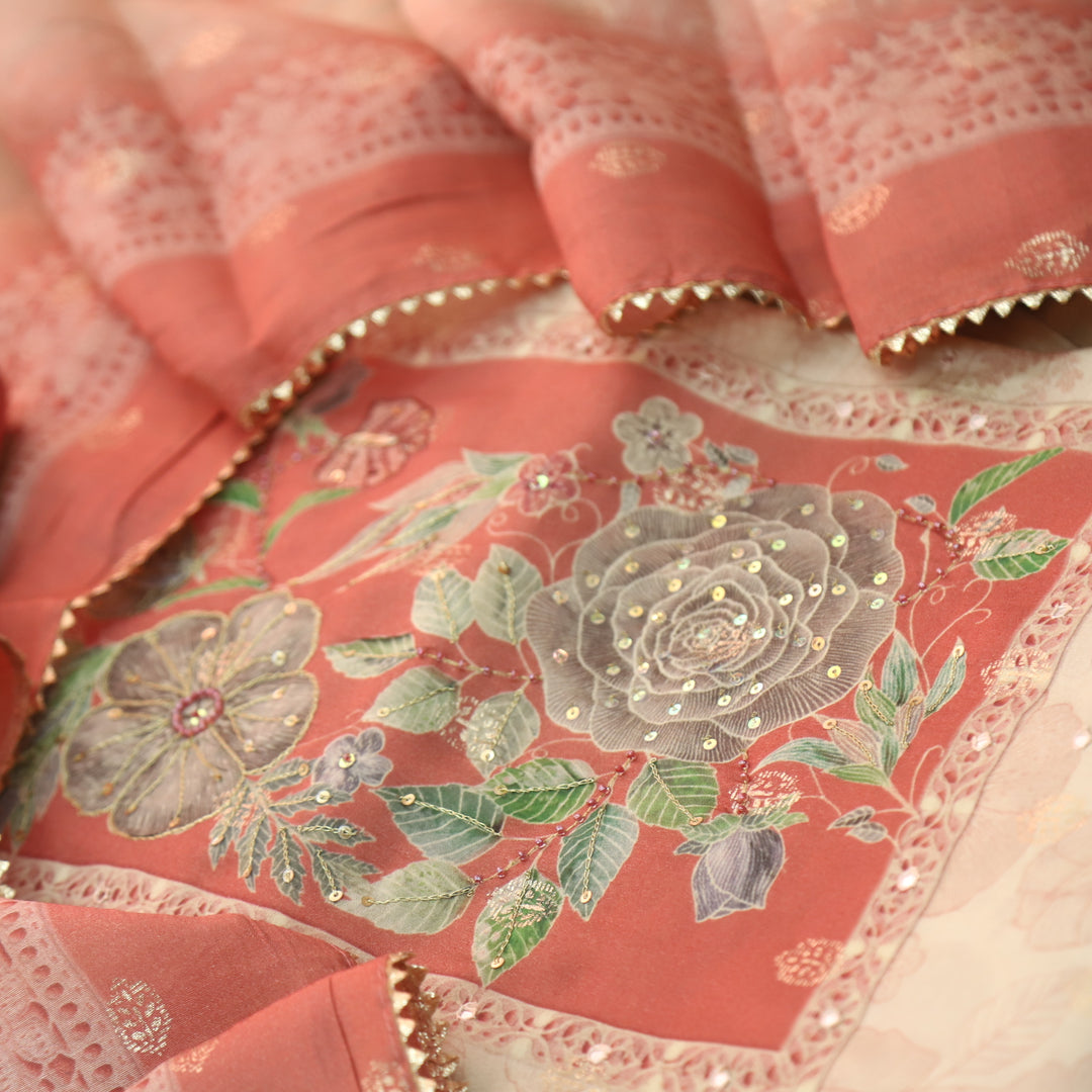 Ishaani Beige With Coral All Over Floral Printed with Zari Modal Suit Set