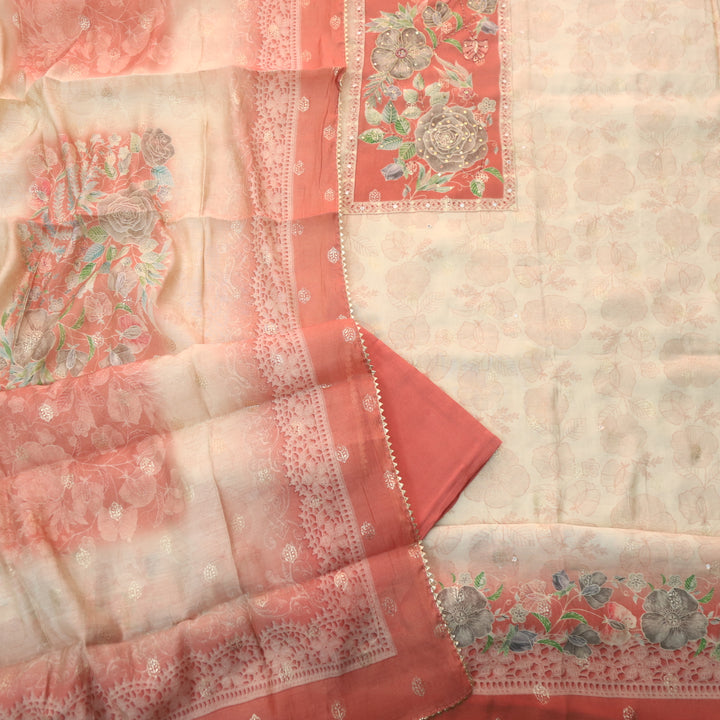 Ishaani Beige With Coral All Over Floral Printed with Zari Modal Suit Set