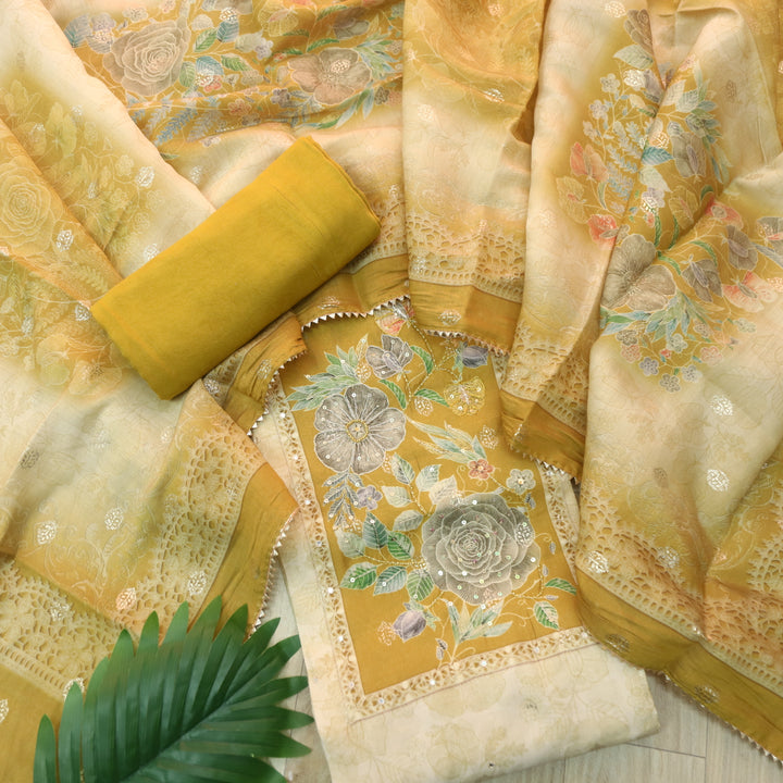 Ishaani Beige With Yellow All Over Floral Printed with Zari Modal Suit Set