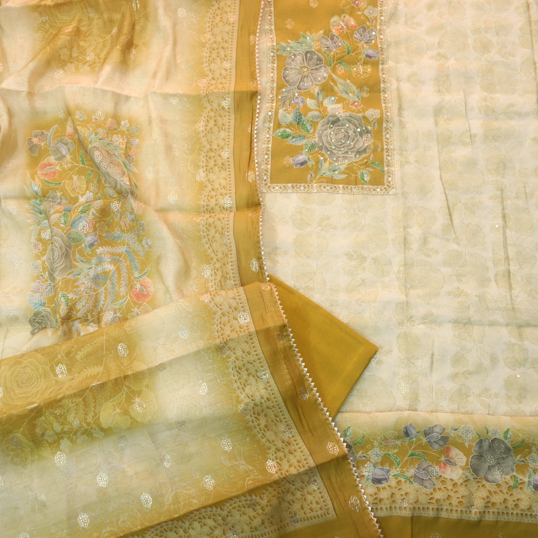 Ishaani Beige With Yellow All Over Floral Printed with Zari Modal Suit Set