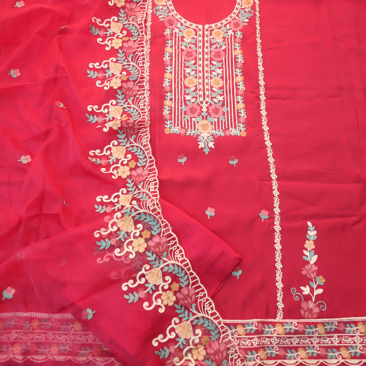 Adaakari Coral Pink with Kashida Thread Neck Work Modal Suit Set