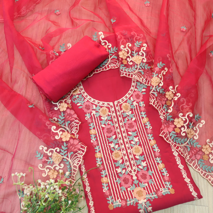 Adaakari Coral Pink with Kashida Thread Neck Work Modal Suit Set