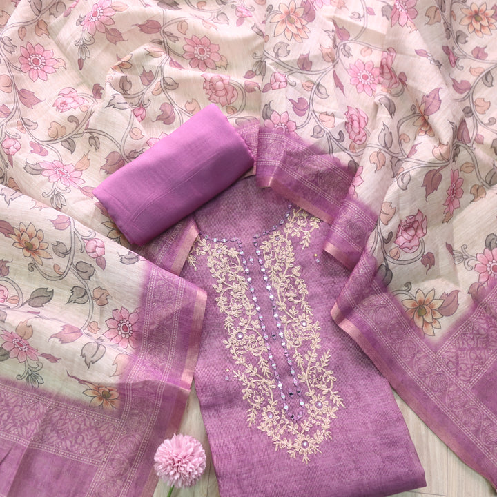 Darmiyan Mulberry Mauve Zari with Mirror Work Neck Tissue Chanderi Suit Set