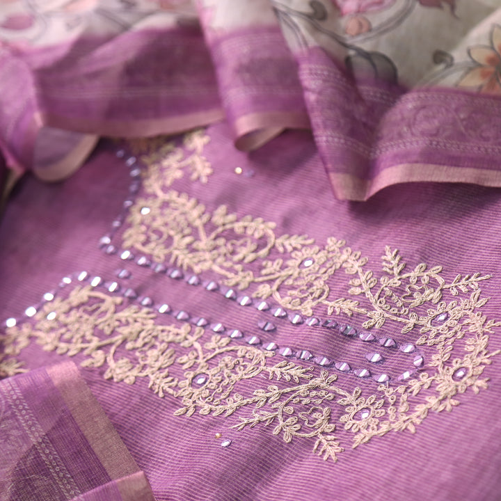 Darmiyan Mulberry Mauve Zari with Mirror Work Neck Tissue Chanderi Suit Set