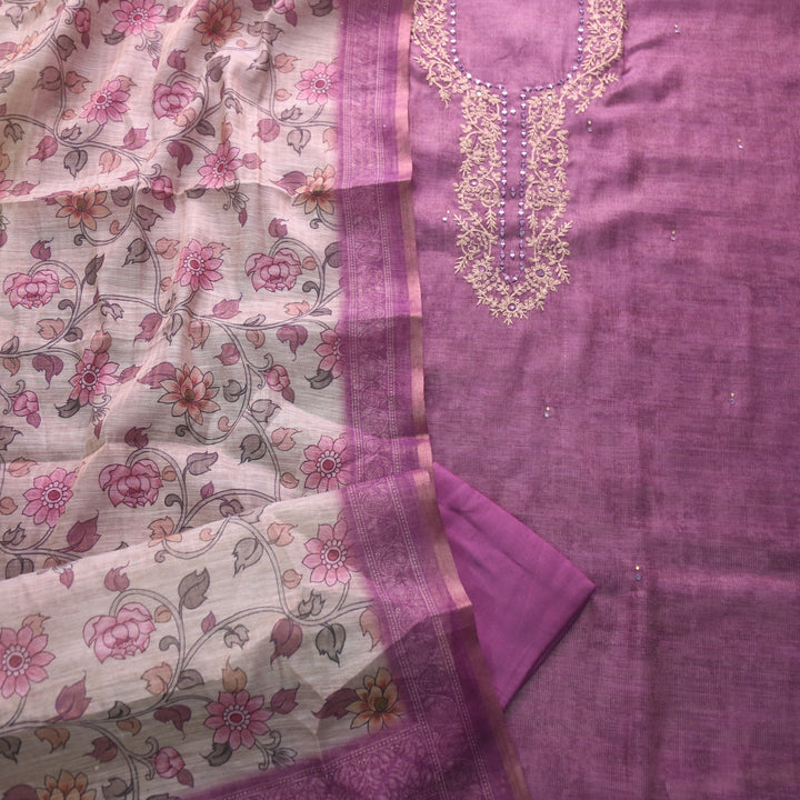 Darmiyan Mulberry Mauve Zari with Mirror Work Neck Tissue Chanderi Suit Set