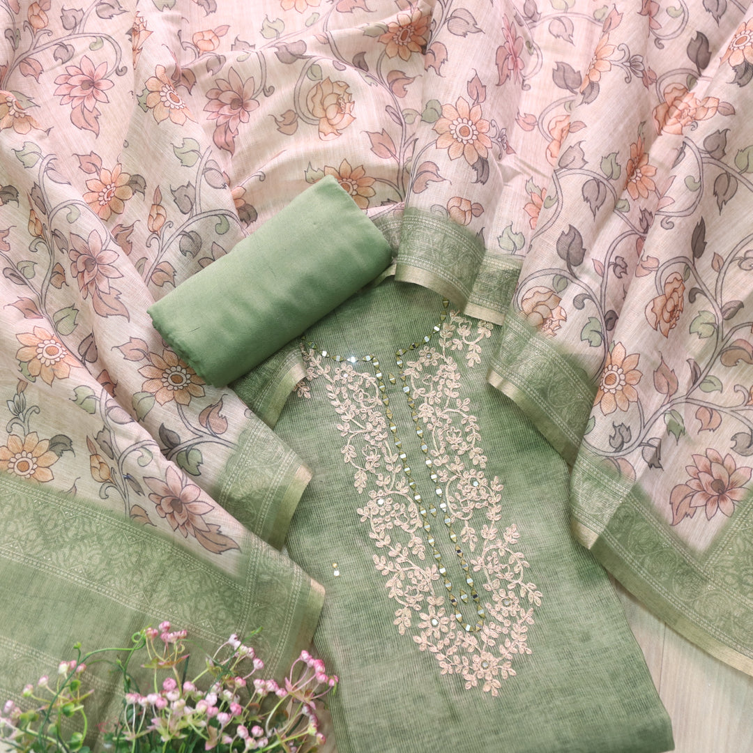 Darmiyan Sage Green Zari with Mirror Work Neck Tissue Chanderi Suit Set