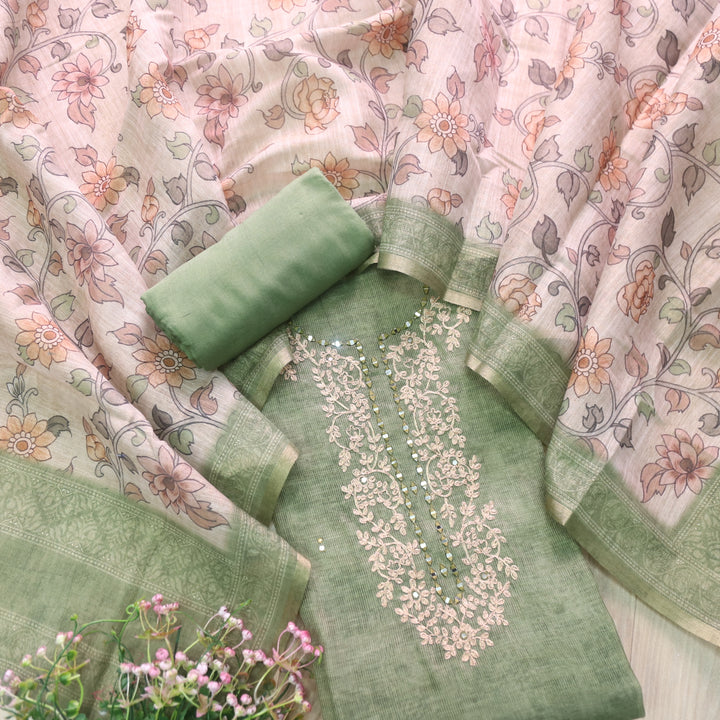 Darmiyan Sage Green Zari with Mirror Work Neck Tissue Chanderi Suit Set