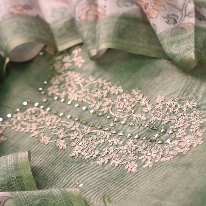 Darmiyan Sage Green Zari with Mirror Work Neck Tissue Chanderi Suit Set