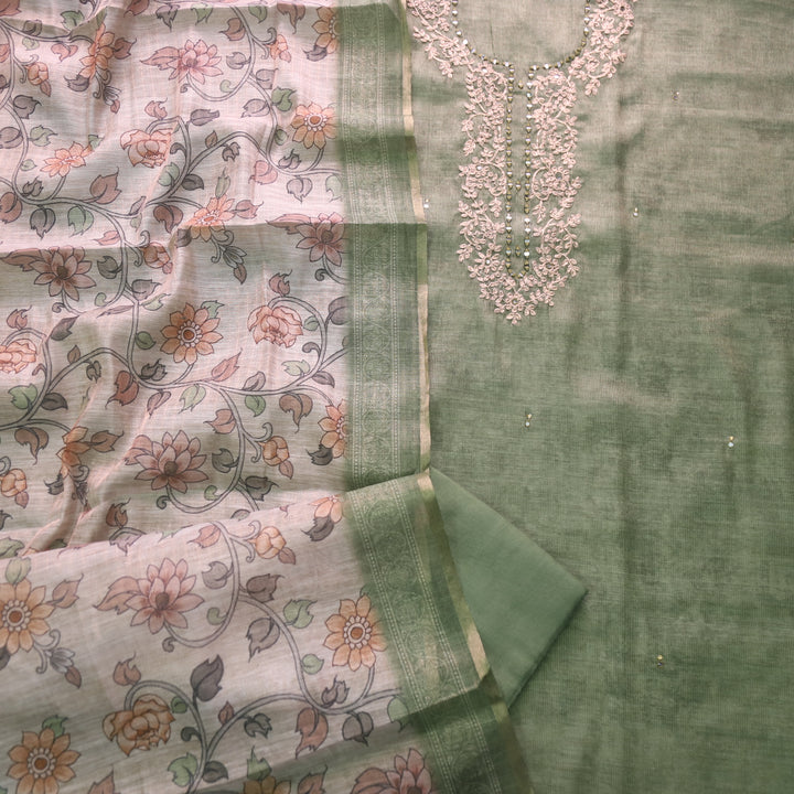 Darmiyan Sage Green Zari with Mirror Work Neck Tissue Chanderi Suit Set