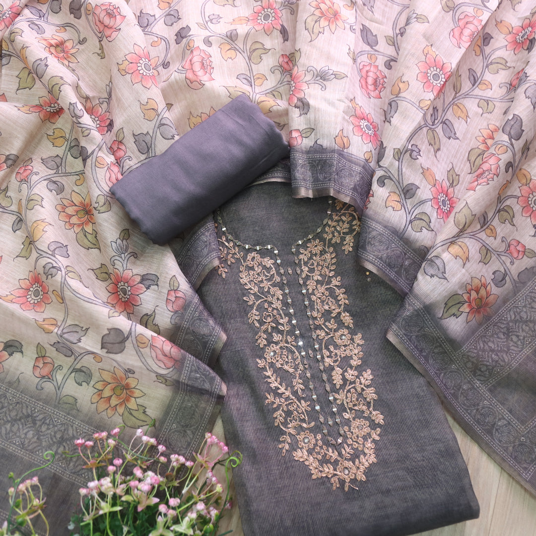 Darmiyan Fossil Grey Zari with Mirror Work Neck Tissue Chanderi Suit Set