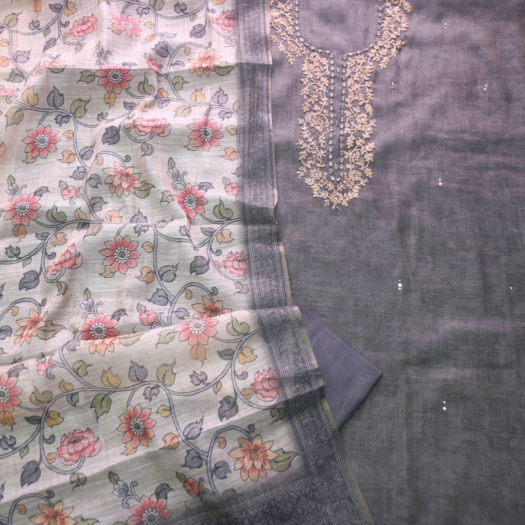Darmiyan Fossil Grey Zari with Mirror Work Neck Tissue Chanderi Suit Set