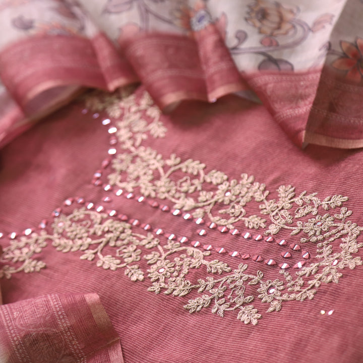 Darmiyan Barn Coral Zari with Mirror Work Neck Tissue Chanderi Suit Set