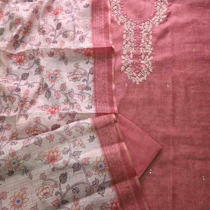 Darmiyan Barn Coral Zari with Mirror Work Neck Tissue Chanderi Suit Set