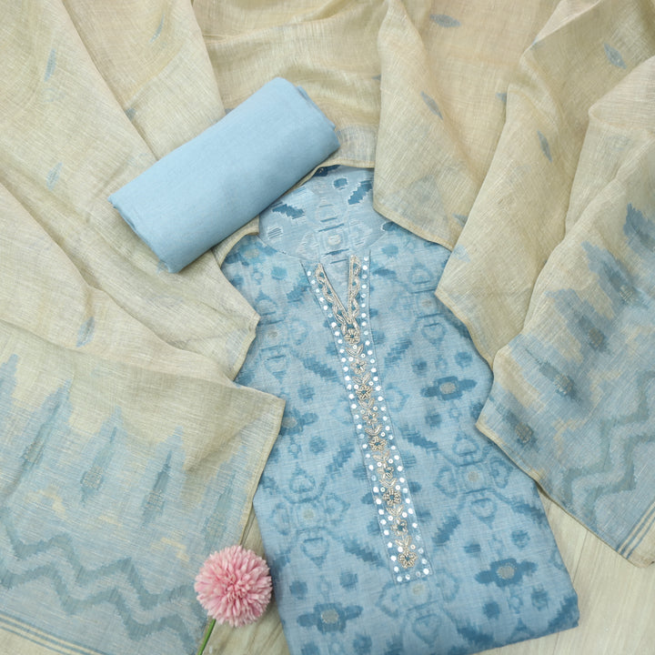 Alhada Sapphire Blue Embellish Neck with Zari Weaved Chanderi Suit Set