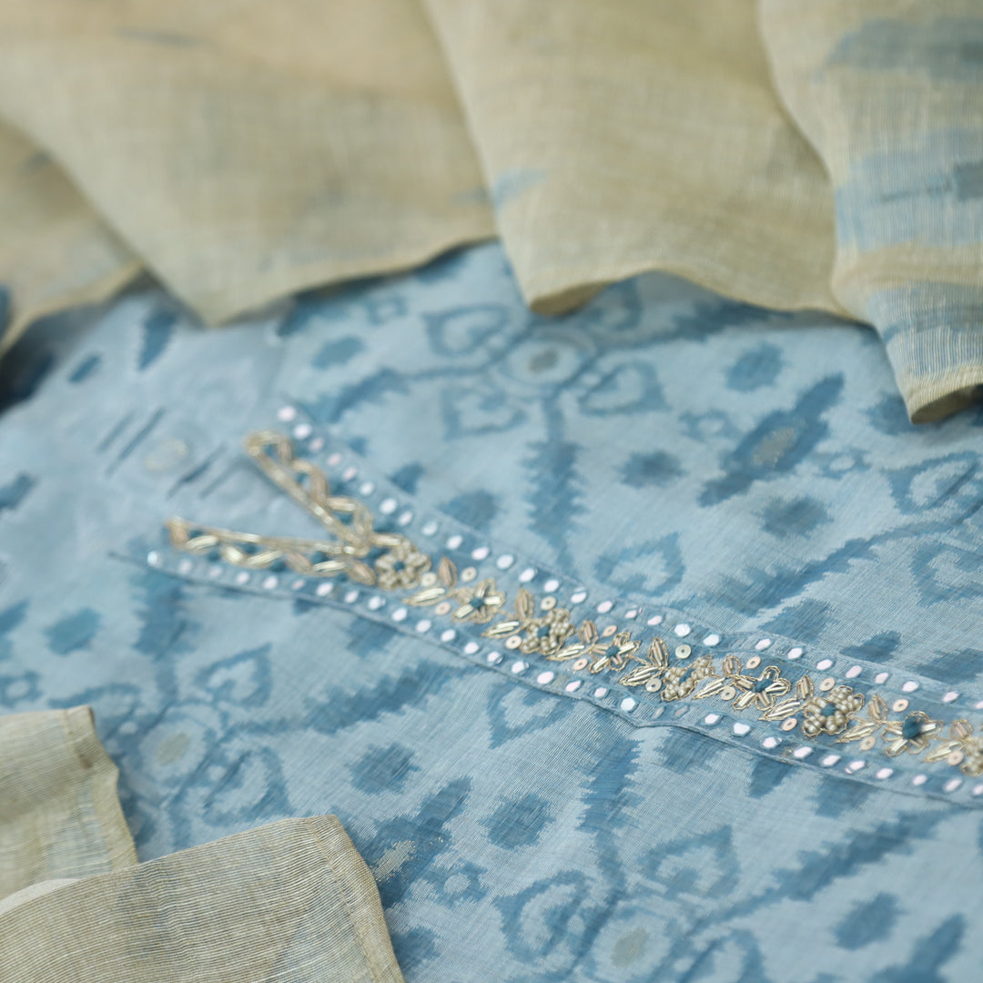 Alhada Sapphire Blue Embellish Neck with Zari Weaved Chanderi Suit Set
