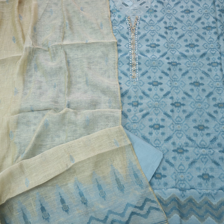 Alhada Sapphire Blue Embellish Neck with Zari Weaved Chanderi Suit Set