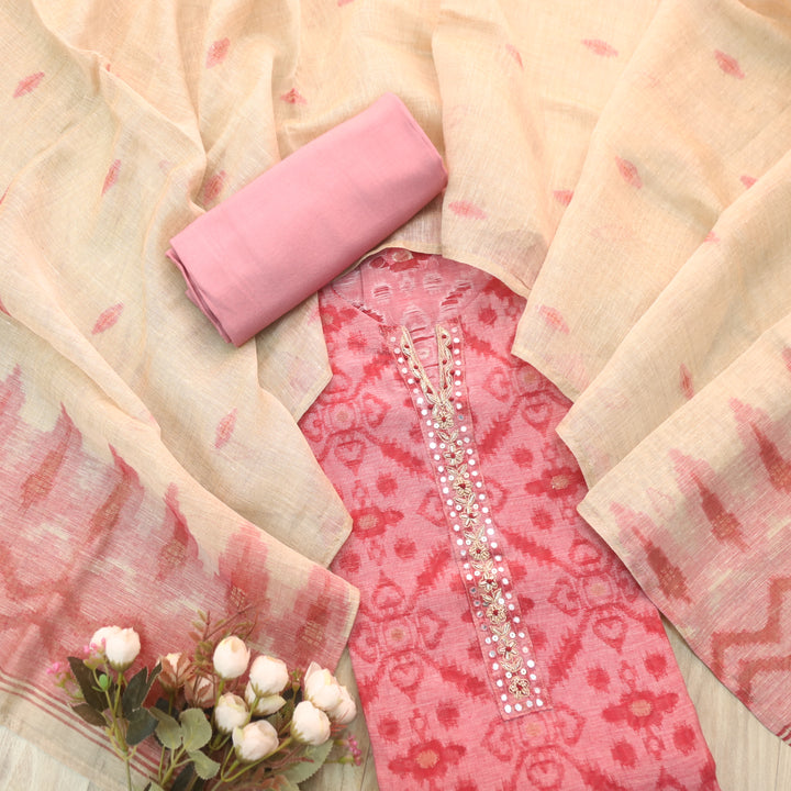 Alhada Rose Pink Embellish Neck with Zari Weaved Chanderi Suit Set