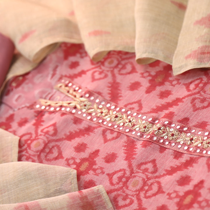 Alhada Rose Pink Embellish Neck with Zari Weaved Chanderi Suit Set
