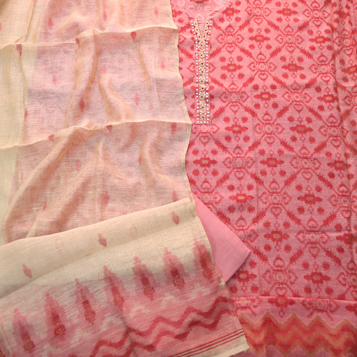 Alhada Rose Pink Embellish Neck with Zari Weaved Chanderi Suit Set