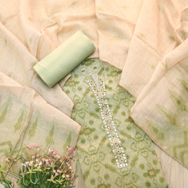 Alhada Mint Green Embellish Neck with Zari Weaved Chanderi Suit Set