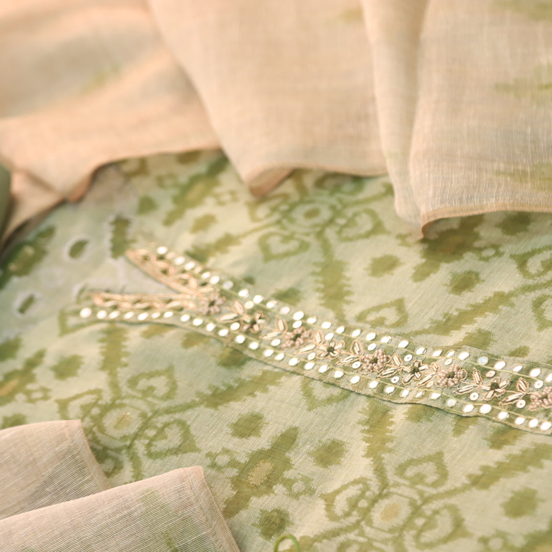 Alhada Mint Green Embellish Neck with Zari Weaved Chanderi Suit Set