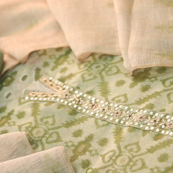 Alhada Mint Green Embellish Neck with Zari Weaved Chanderi Suit Set