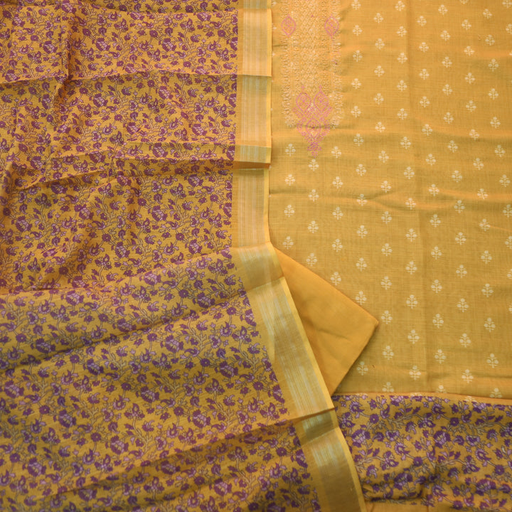 Noor Dandelion Yellow Thread Embroidered Neck Work Cotton linen suit Set