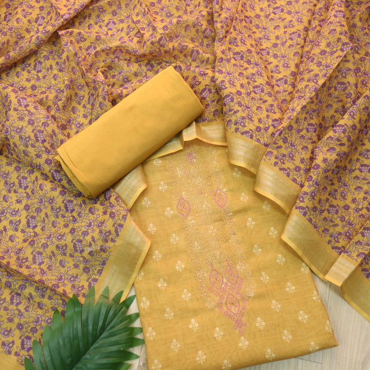 Noor Dandelion Yellow Thread Embroidered Neck Work Cotton linen suit Set
