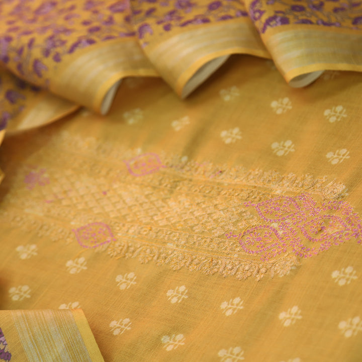 Noor Dandelion Yellow Thread Embroidered Neck Work Cotton linen suit Set
