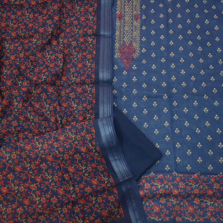 Noor Bluish Purple Thread Embroidered Neck Work Cotton linen suit Set