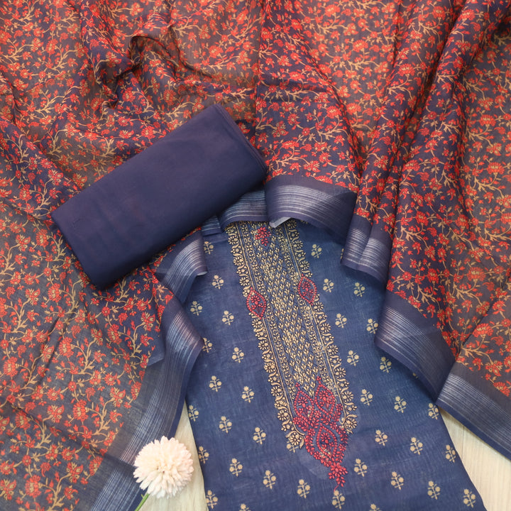 Noor Bluish Purple Thread Embroidered Neck Work Cotton linen suit Set