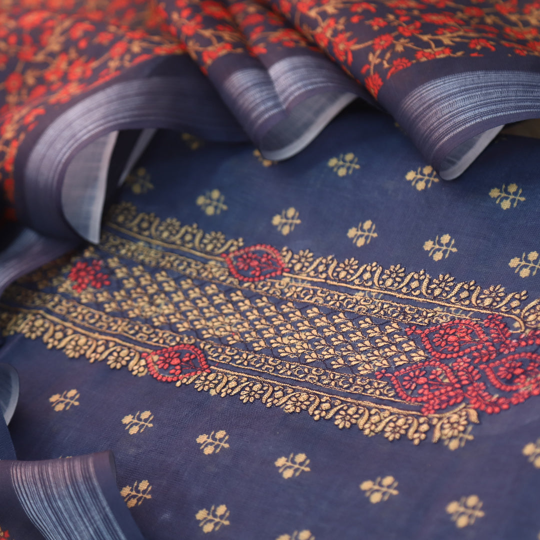 Noor Bluish Purple Thread Embroidered Neck Work Cotton linen suit Set