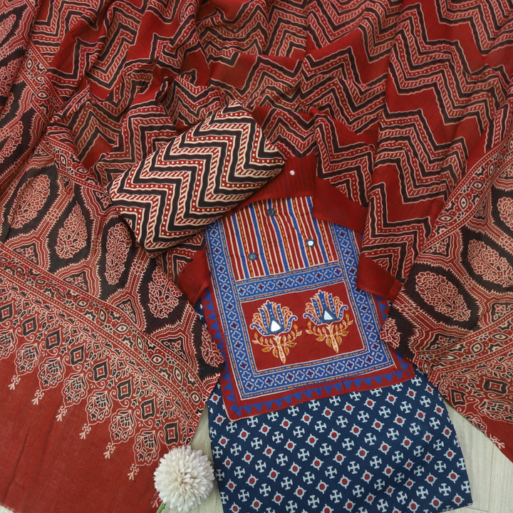 Noorani Denim Blue Ajrak Patch with Mirror Work Cotton Suit Set