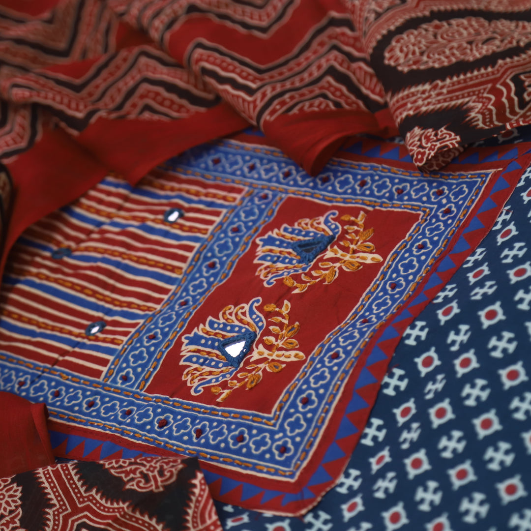 Noorani Denim Blue Ajrak Patch with Mirror Work Cotton Suit Set