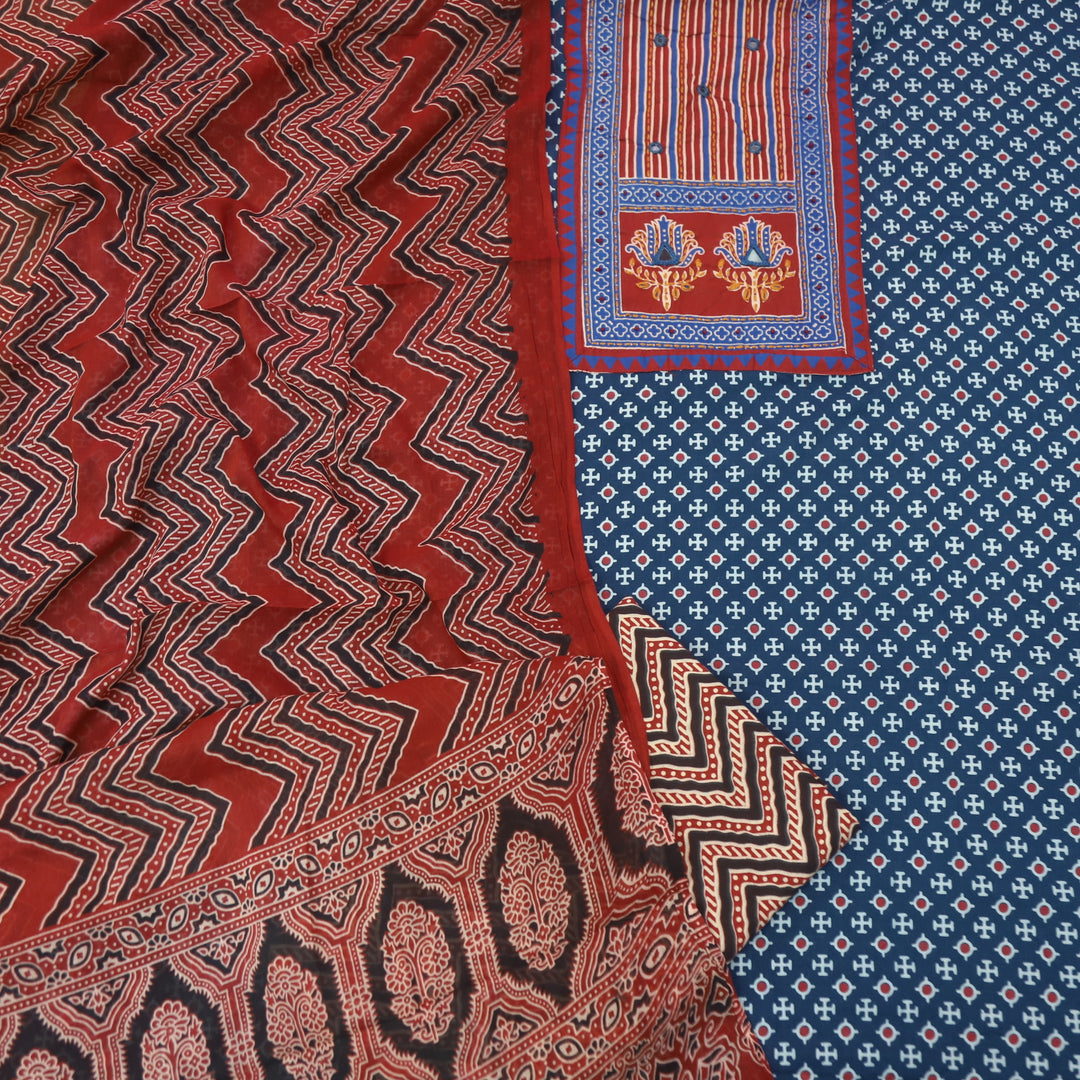 Noorani Denim Blue Ajrak Patch with Mirror Work Cotton Suit Set
