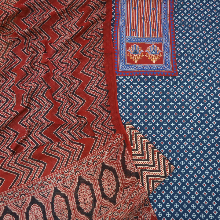 Noorani Denim Blue Ajrak Patch with Mirror Work Cotton Suit Set