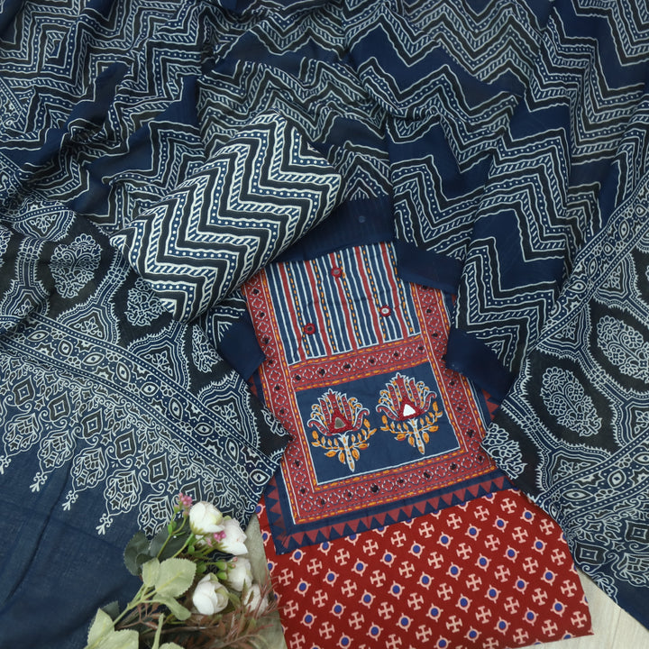 Noorani Apple Red Ajrak Patch with Mirror Work Cotton Suit Set