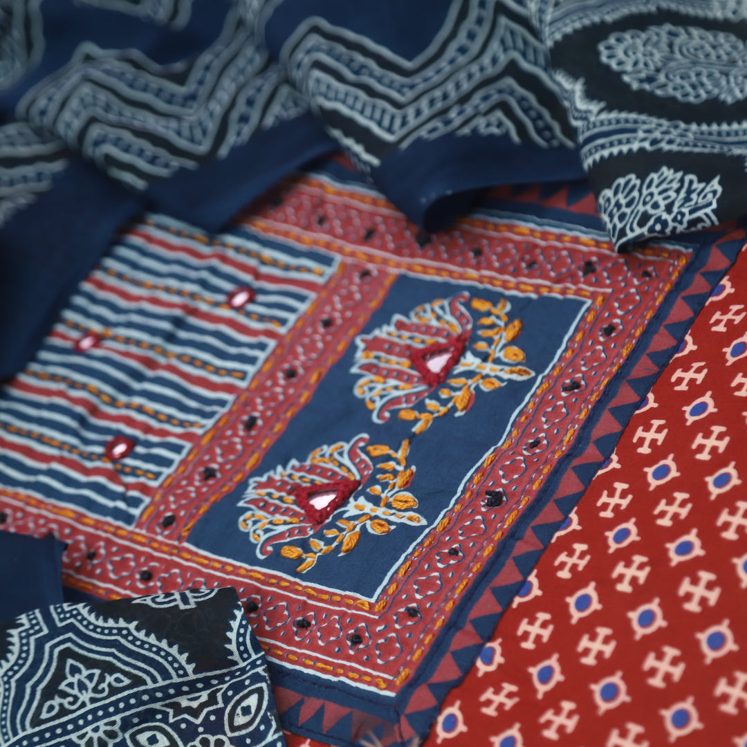 Noorani Apple Red Ajrak Patch with Mirror Work Cotton Suit Set