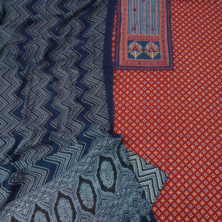 Noorani Apple Red Ajrak Patch with Mirror Work Cotton Suit Set