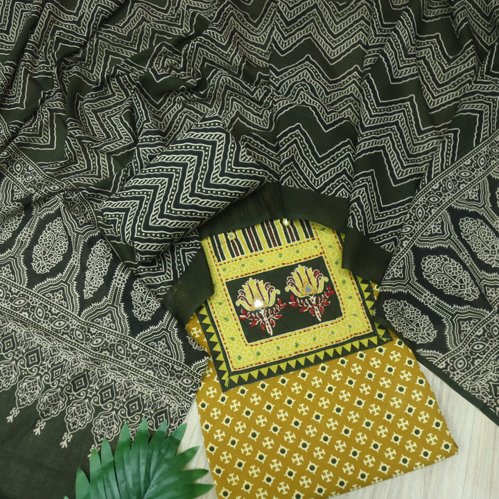 Noorani Lemon Yellow Ajrak Patch with Mirror Work Cotton Suit Set