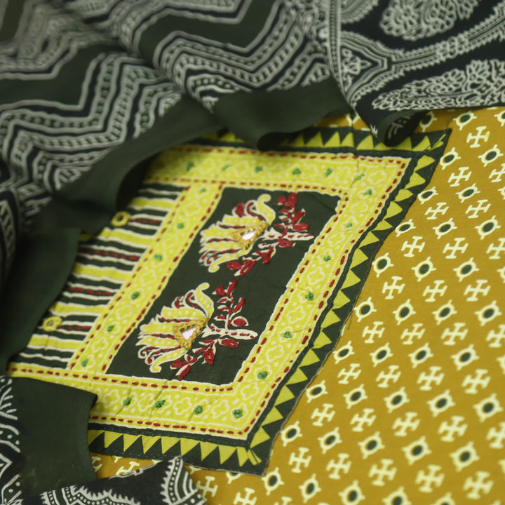 Noorani Lemon Yellow Ajrak Patch with Mirror Work Cotton Suit Set