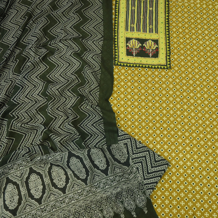 Noorani Lemon Yellow Ajrak Patch with Mirror Work Cotton Suit Set