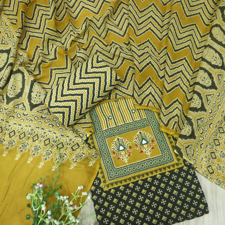 Noorani Sacramento Green Ajrak Patch with Mirror Work Cotton Suit Set